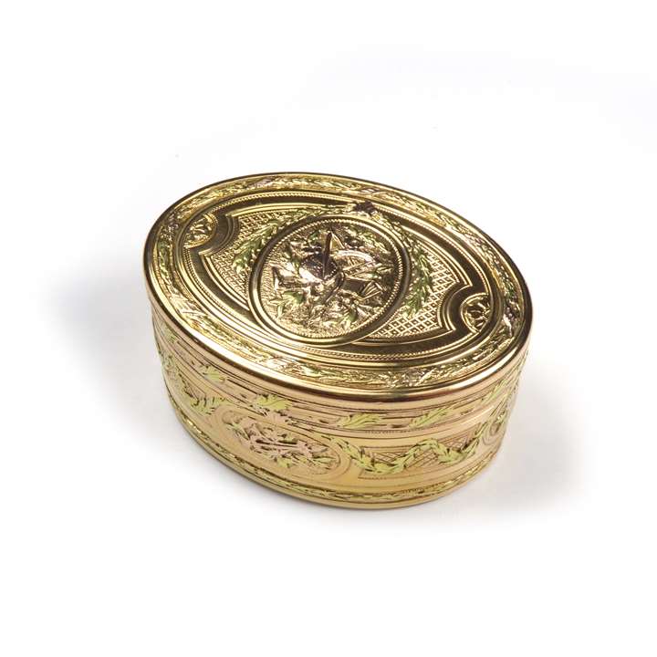 Louis XV oval vari-coloured gold box with trophies